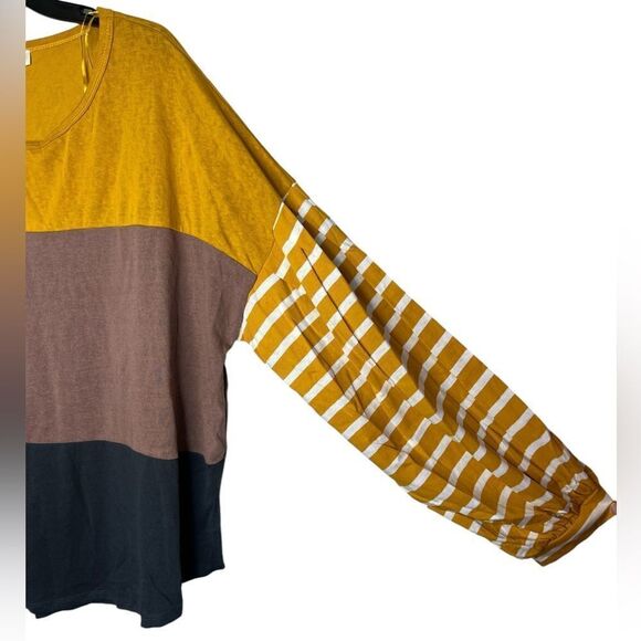 Umgee Yellow/Brown/Gray Long Puff Sleeve Color-block Striped Top 1XL - Picture 7 of 11